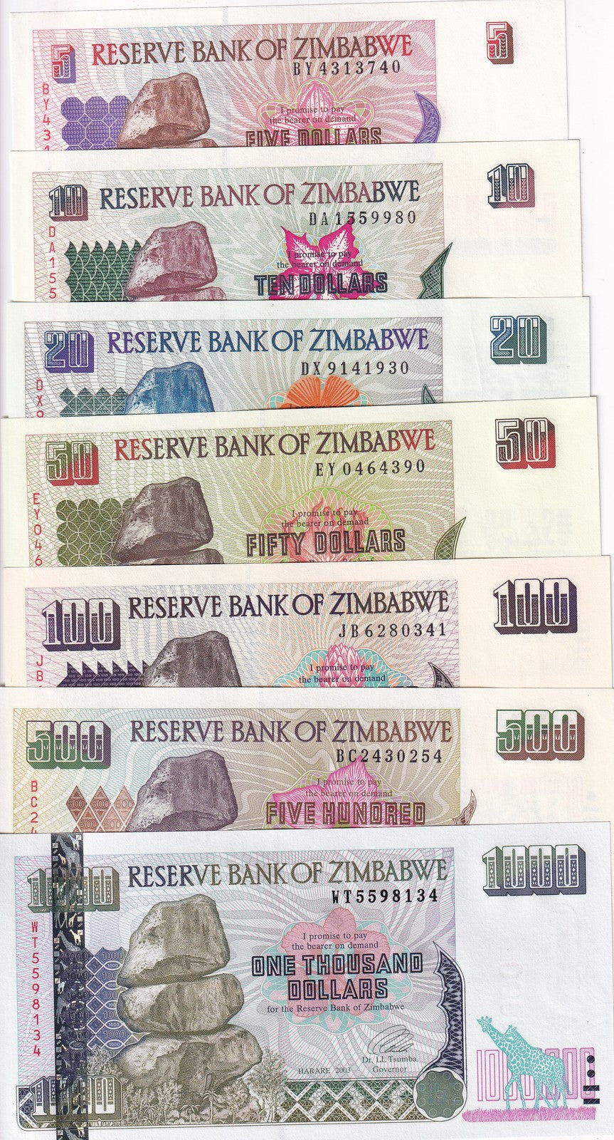 Zimbabwe SET 7 UNC 5 10 20 50 100 500 1000 Dollars 1994-2003 P 5 6 7 8 9 11 12