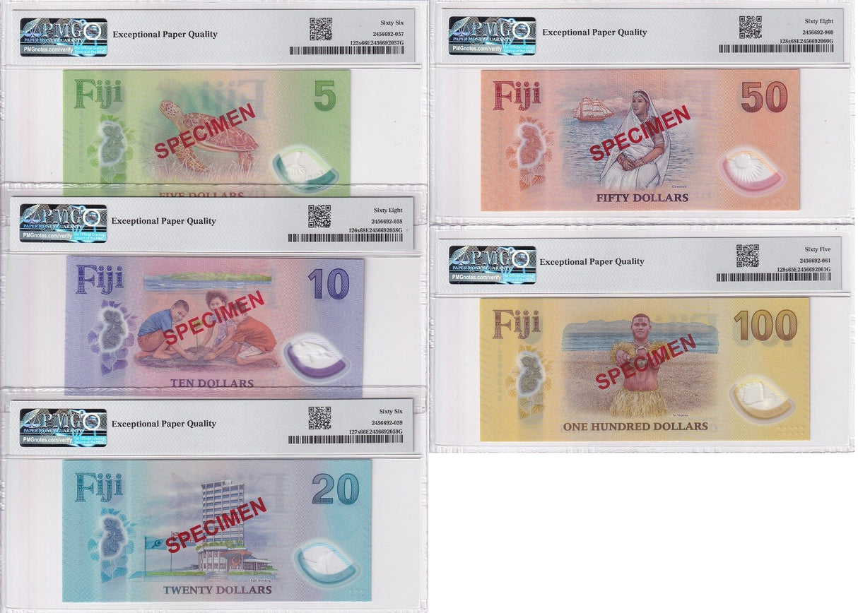 Fiji set 5 SPECIMEN 5 10 20 50 100 Dollars 2026 P 125-129S Gem UNC PMG 65-68 EPQ