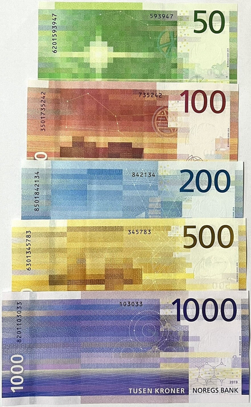 Norway SET 5 UNC 50 100 200 500 1000 Kroner 2016-2019 P 53 54 55 56 57