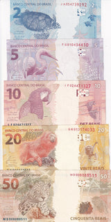 Brazil Set 5 Pcs 2 5 10 20 50 Reai 2010-2023 P 252 P 253 254 255 P 256 UNC