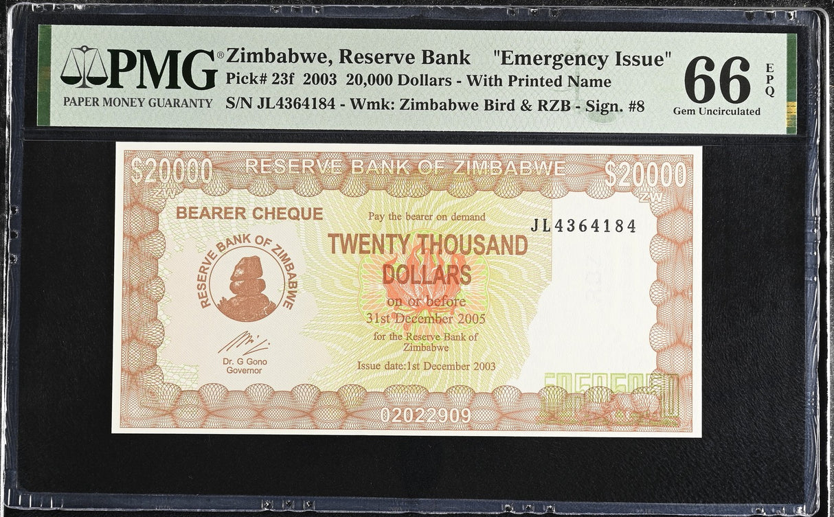 Zimbabwe 20000 Dollars 2003 P 23 f Gem UNC PMG 66 EPQ