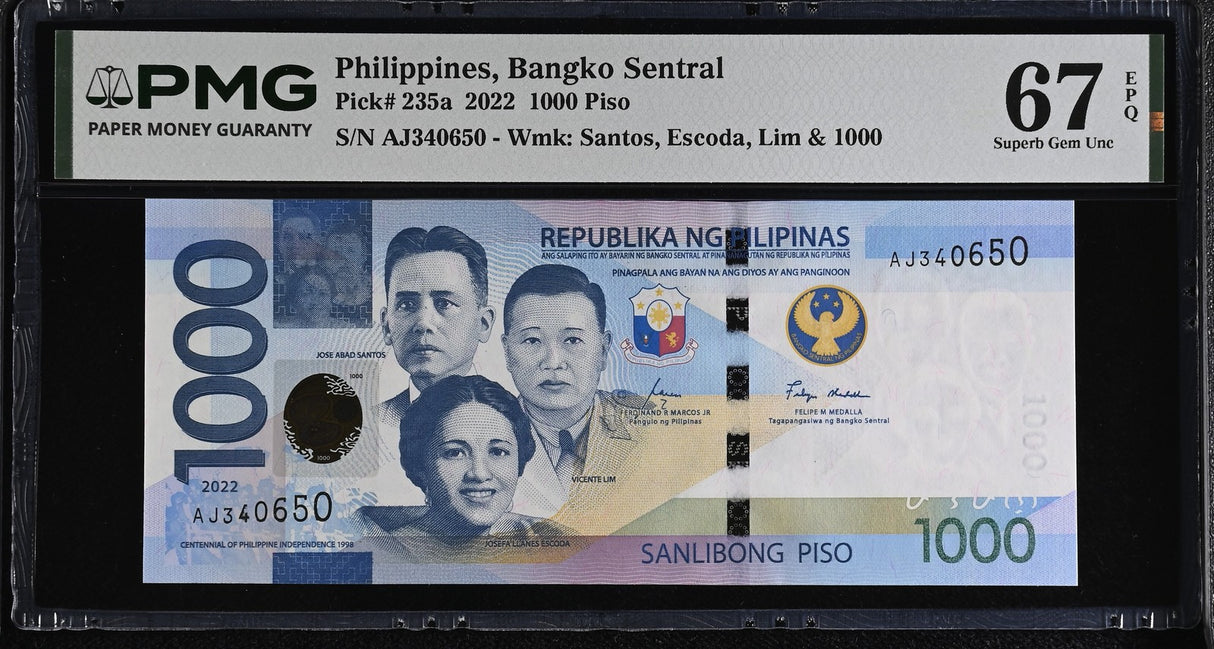 Philippines 1000 Piso 2022 P 235 a Superb Gem UNC PMG 67 EPQ TOP POP