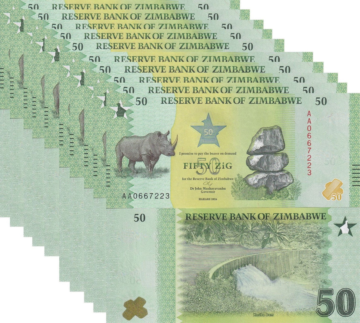 Zimbabwe 50 Zig 2026 P 117 New Design RHINO UNC LOT 10 PCS