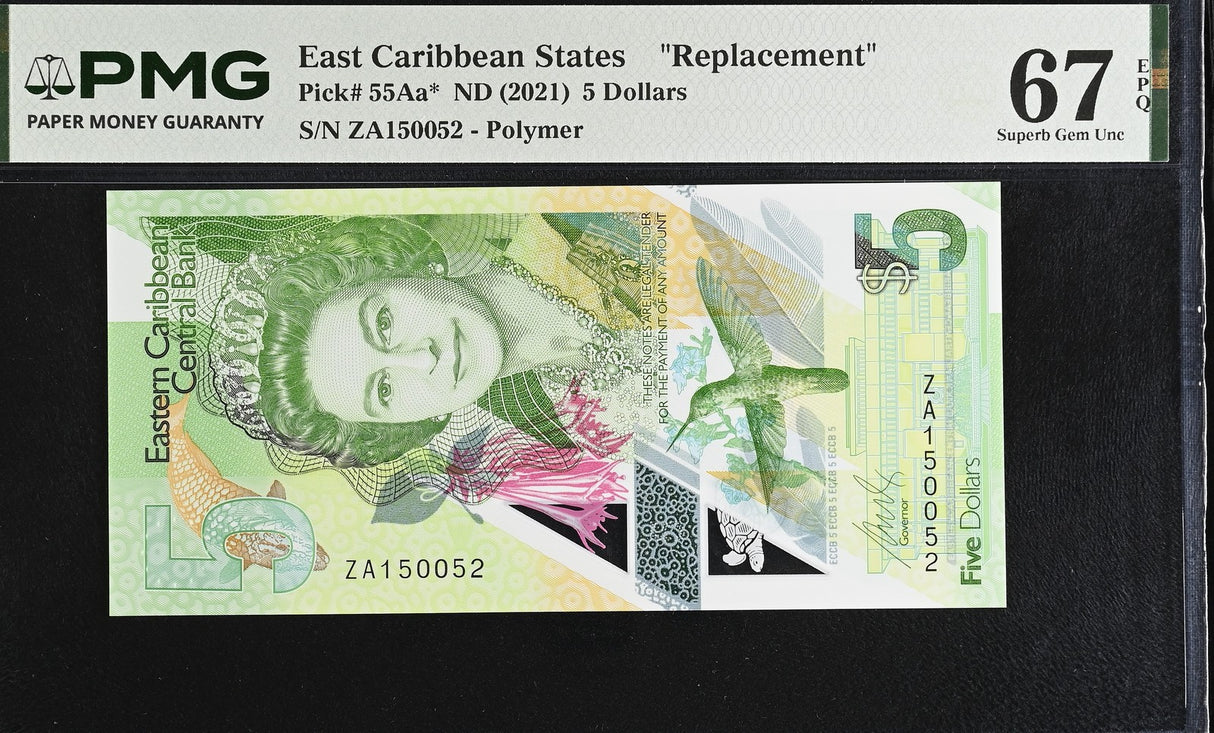 East Caribbean 5 Dollars ND 2021 P 55Aa* Replacement Superb Gem UNC PMG 67 EPQ