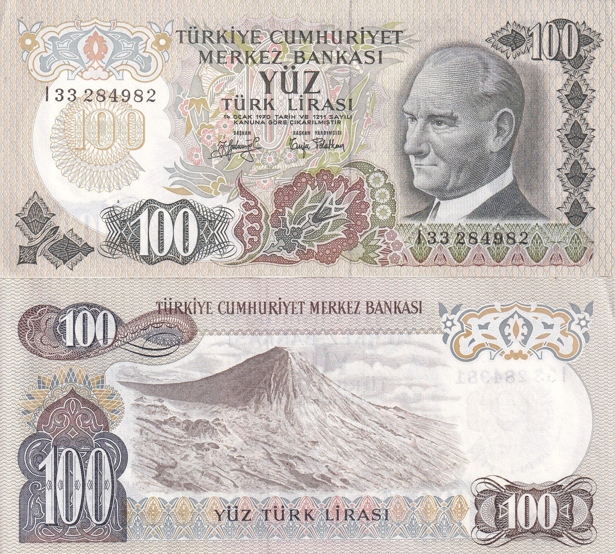 Turkey 100 Lira 1970 P 189 b UNC President Mustafa Kemal Ataturk Mount Ararat