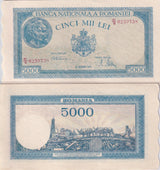 Romania 5000 Lei 1945 P 56 UNC ,Trajan and Decebal ,Agriculture ,BNR