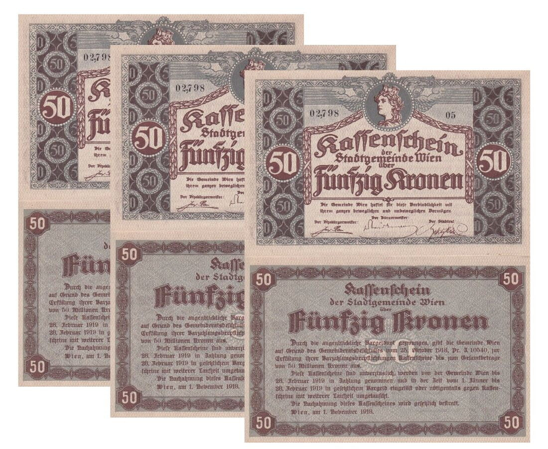 Austria 50 Kronen 1918 Vienna P Unlisted UNC LOT 3 PCS