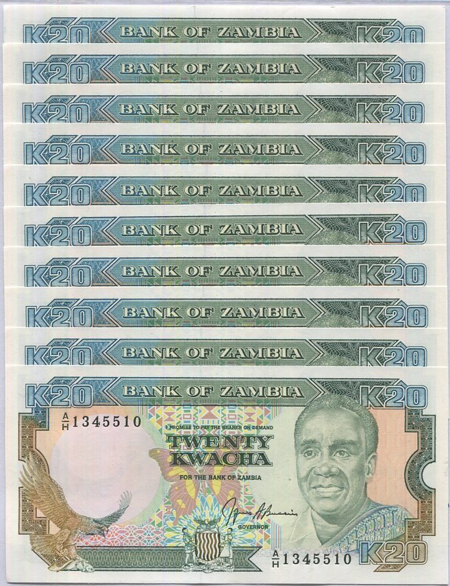 Zambia 20 Kwacha 1989/1991 P 32 b UNC LOT 10 PCS
