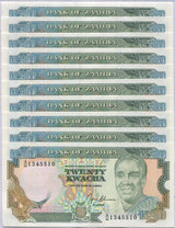 Zambia 20 Kwacha 1989/1991 P 32 b UNC LOT 10 PCS