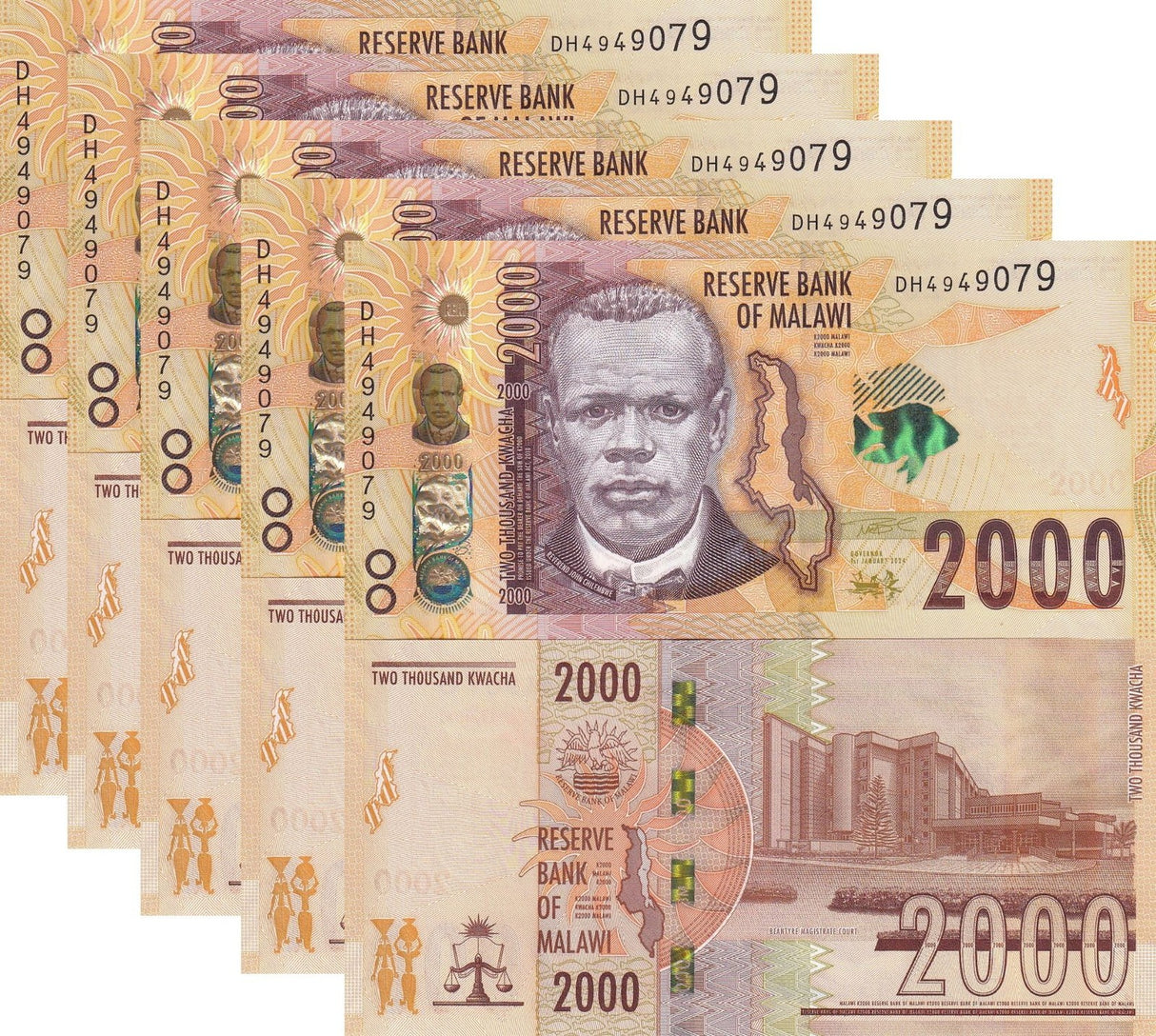 Malawi 2000 Kwacha 2024 P 70 UNC LOT 5 PCS
