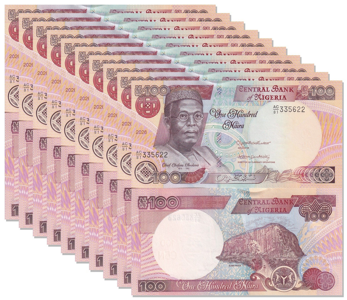 Nigeria 100 Naira 2026 P 28 UNC LOT 10 PCS, Zuma Rock, Obafemi Awolowo