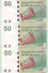 Hong Kong Set 3 UNC 50 Dollars 2013 2014 2016 P 298 SCB Turtle