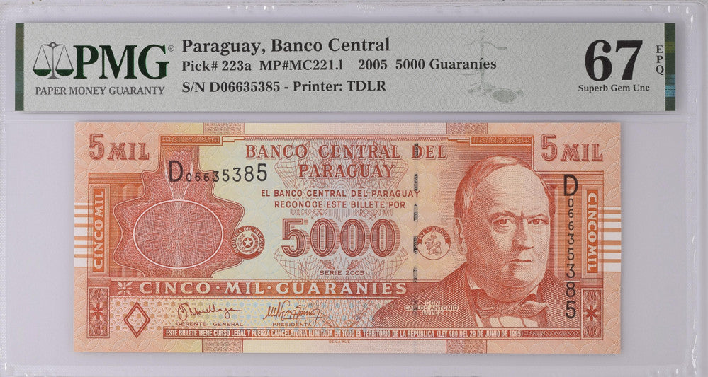 Paraguay 5000 Guaranies 2005 P 223 a Superb Gem UNC PMG 67 EPQ