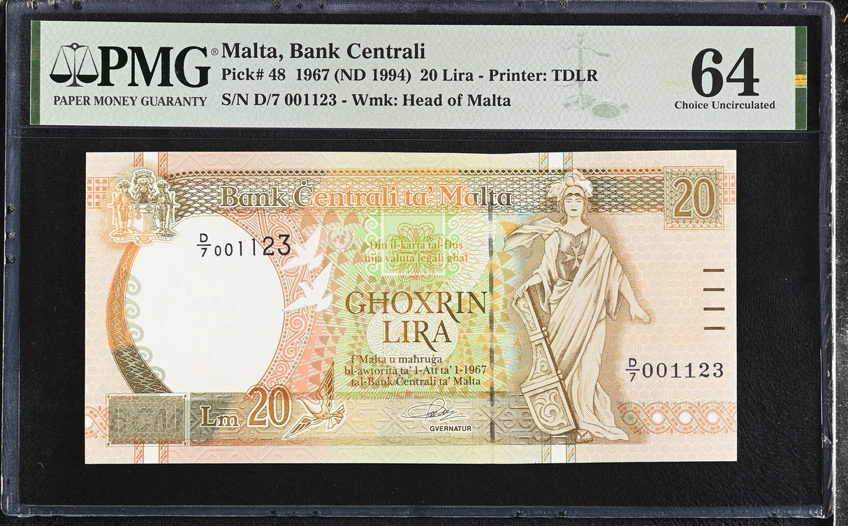 Malta 20 Lira 1967 ND 1994 P 48 Choice UNC PMG 64