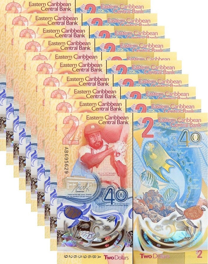 East Caribbean 2 Dollars 2023 2024 40th P 61 Polymer UNC LOT 10 Pcs