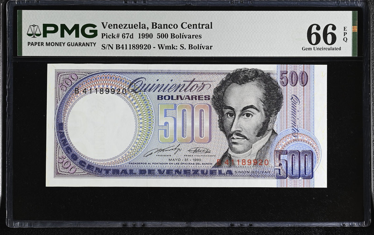 Venezuela 500 Bolivares 1990 P 67 d Gem UNC PMG 66 EPQ WTM S Bolivar
