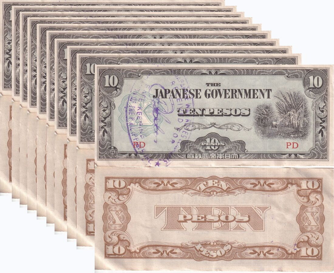 Philippines 10 PESOS 1942 WWII Japanese Occupation P 108 HEAVY USED LOT 10 PCS