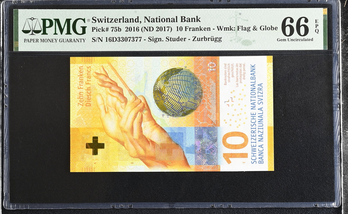 Switzerland 10 Franken 2016 ND 2017 P 75 b Gem UNC PMG 66 EPQ