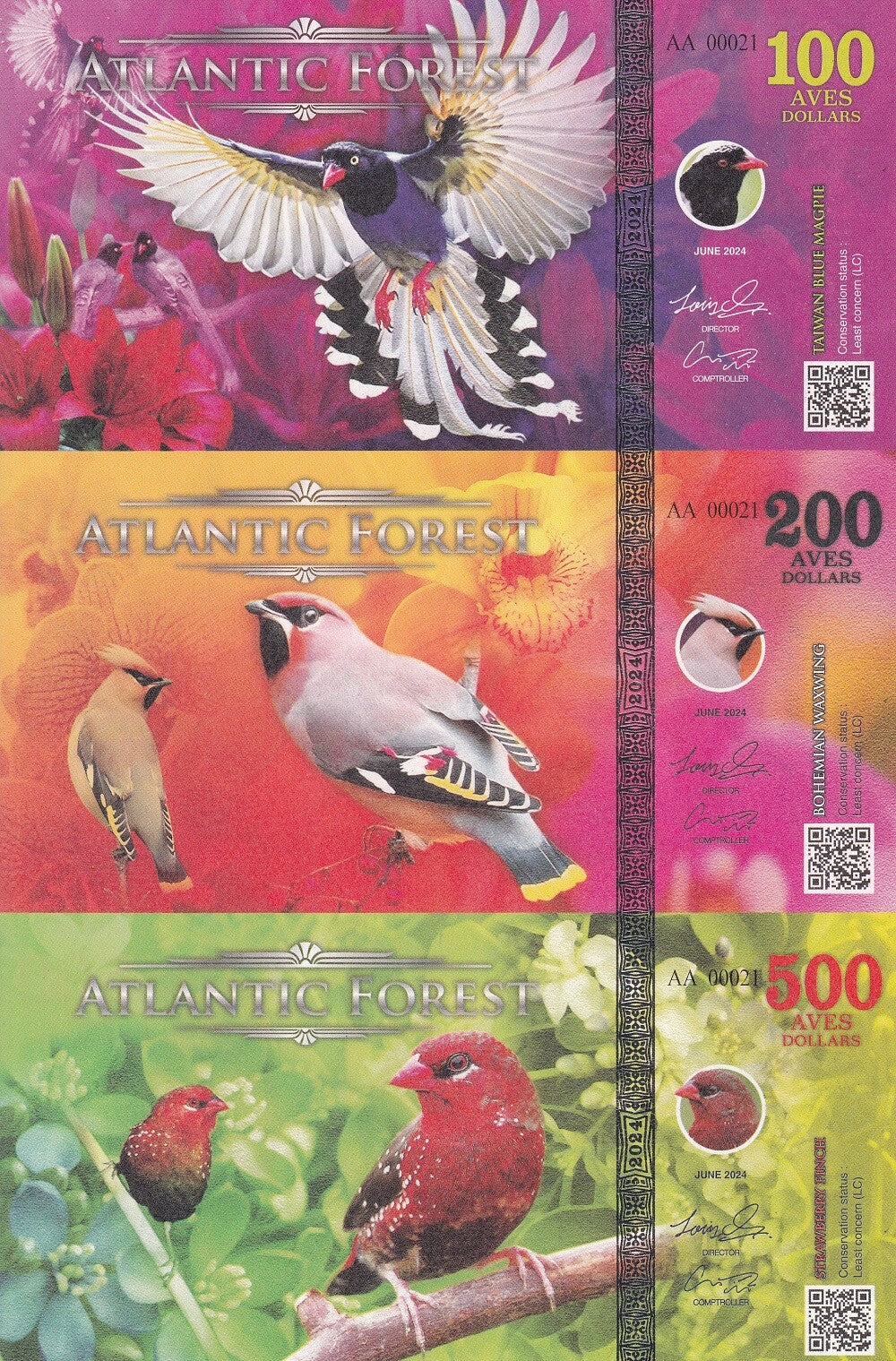 ATLANTIC FOREST 100 200 500 AVES DOLLARS SHEET 3 UNCUT 2024 Fantasy