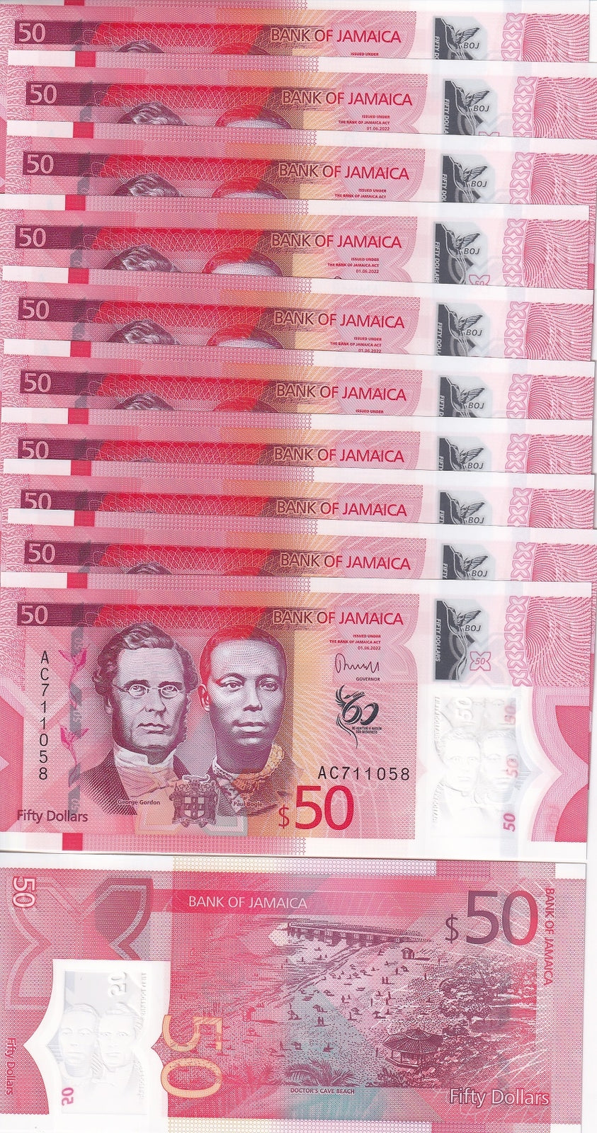 Jamaica 50 Dollars 2022/2023 P 96 Polymer LOT 10 Pcs UNC