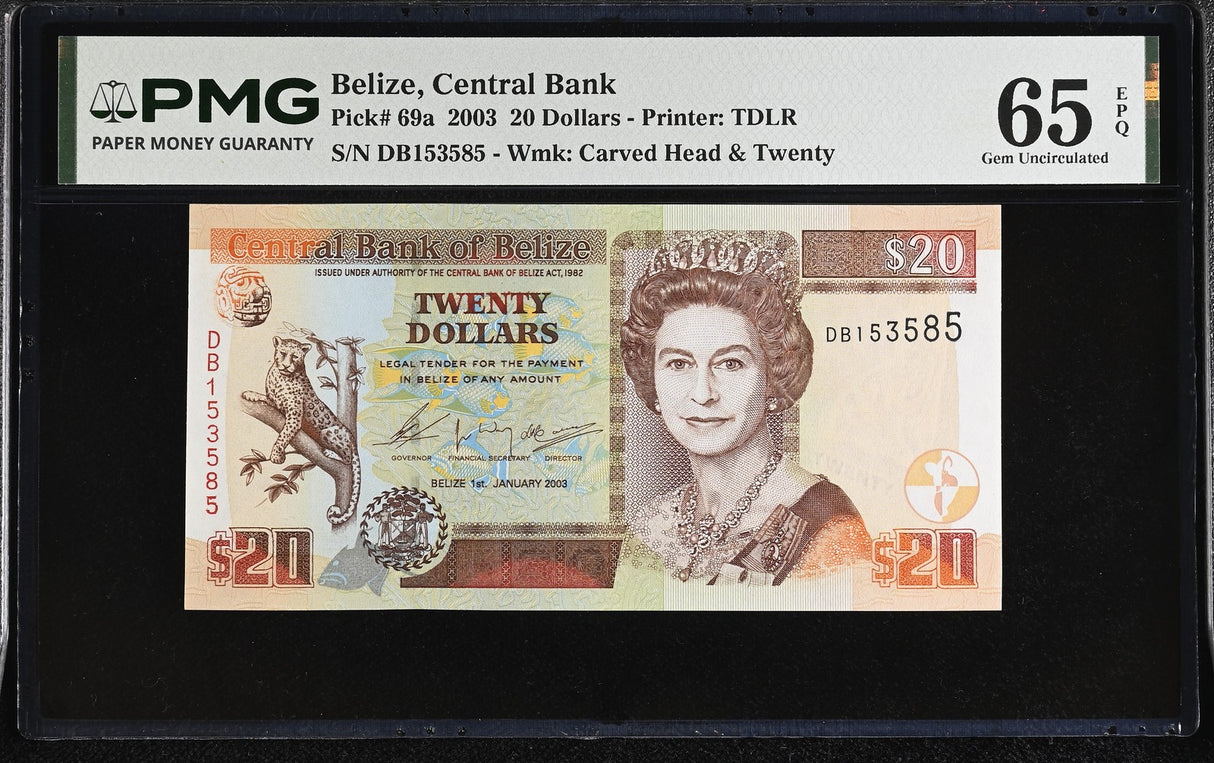 Belize 20 Dollars 2003 P 69 a Gem UNC PMG 65 EPQ