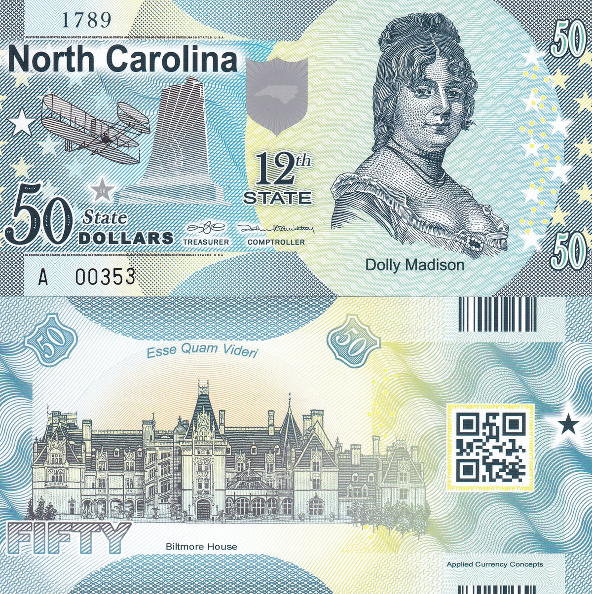 UNITED STATE USA. 50 DOLLARS 2015 POLYMER 12th STATE NORTH CAROLINA NC Private