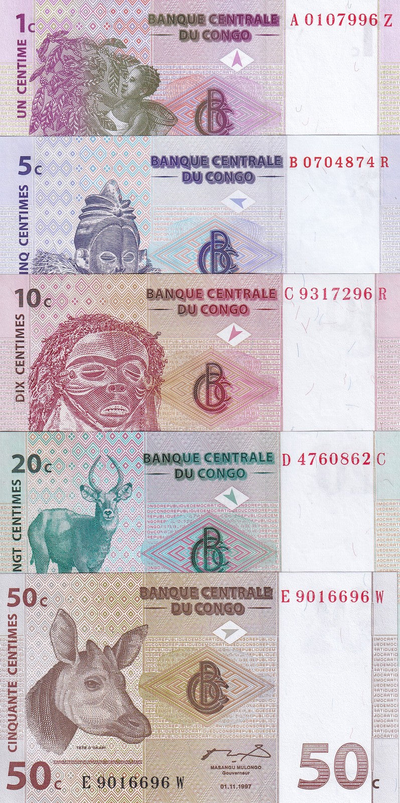 Congo Set 5 UNC 1 5 10 20 50 Centimes 1997 P 80 81 82 83 84 ,Upemba , Pende Zand