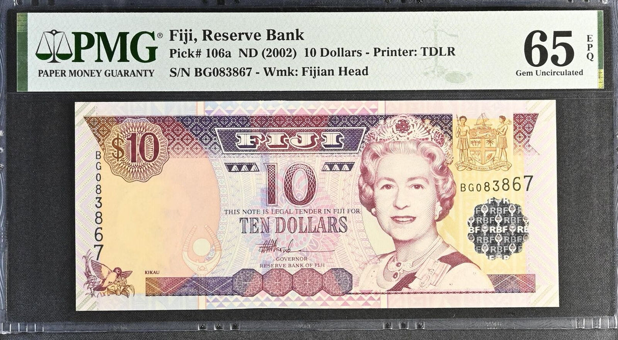 Fiji 10 Dollars ND 2002 P 106 a Gem UNC PMG 65 EPQ