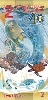 East Caribbean 2 Dollars 2023 2024 40th P 61 Polymer Commemorative UNC