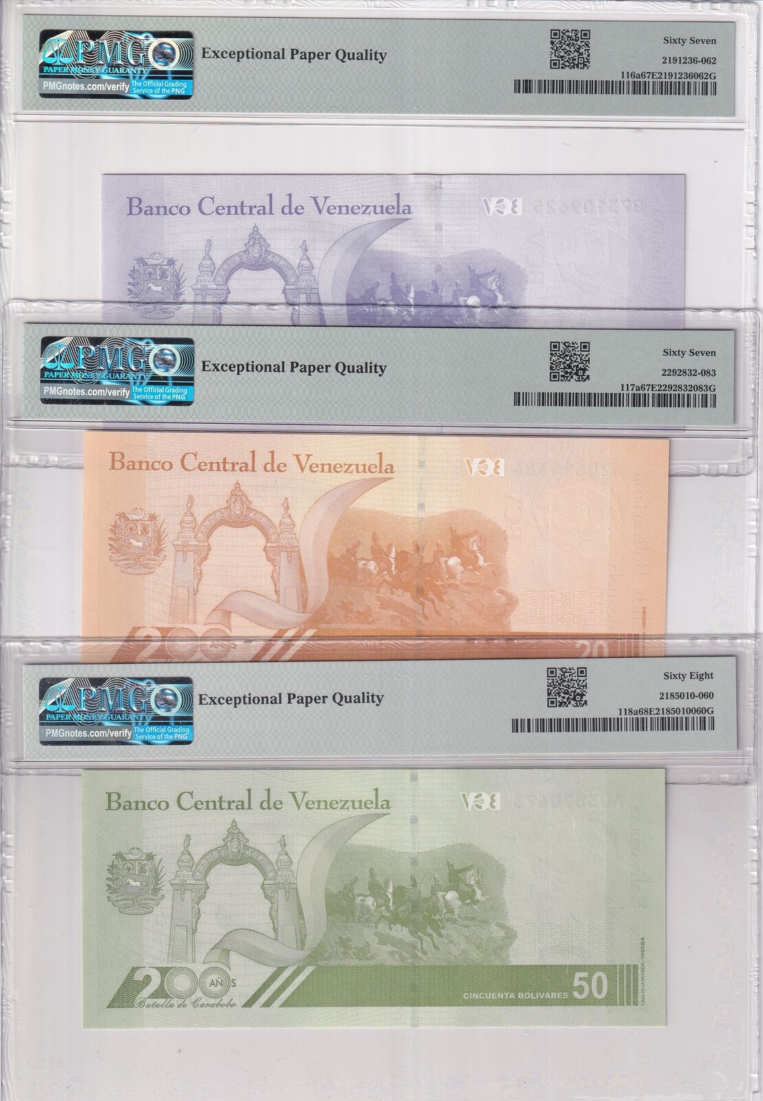 Venezuela Set 3; 10 20 50 Bolivares 2021 P 116- 118 Superb Gem UNC PMG 67 68 EPQ