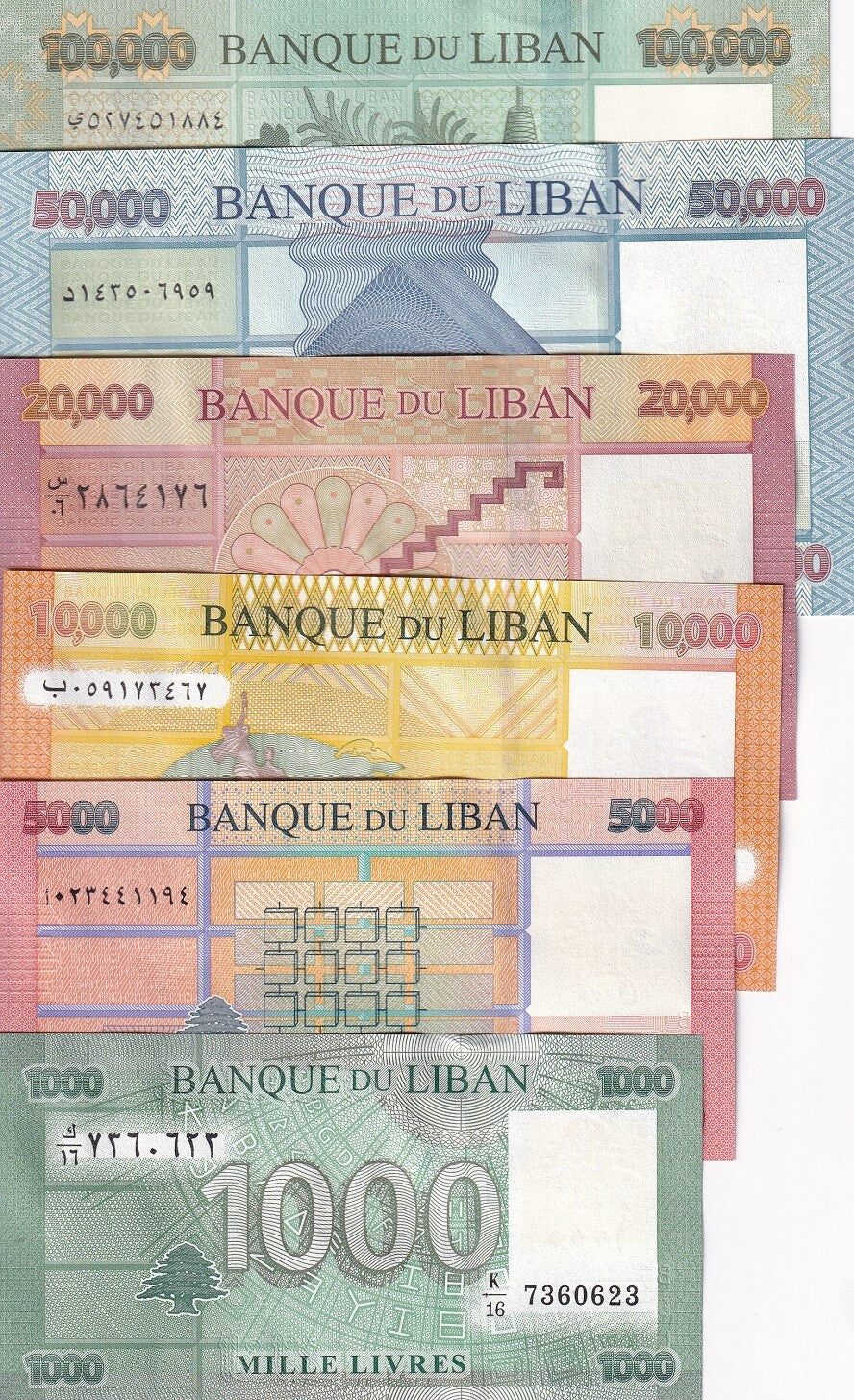 Lebanon Set 6 UNC 1000-20000 50000 100000 Livres 2016-2023 P 90 91 92 93-105
