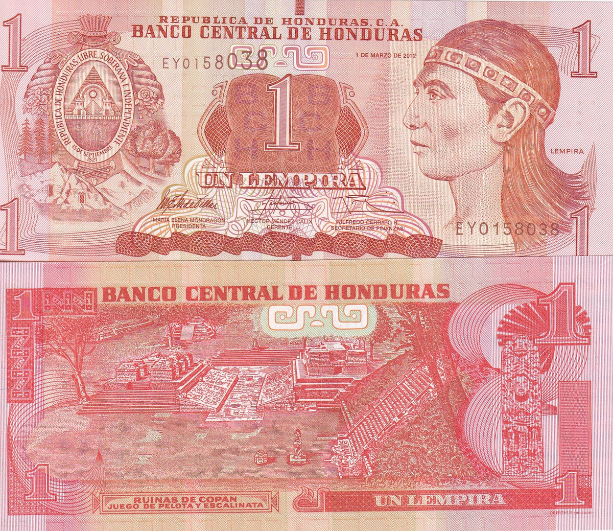 Honduras 1 Lempira 2012 P 96 UNC , Oberthur Fiduciaire, France
