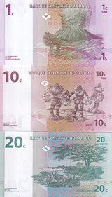 Congo Set 3 PCS 1 10 20 Centimes 1997 P 80 82 83 UNC