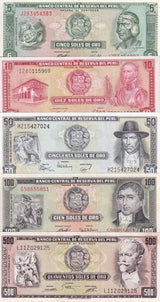 Peru Set 5 UNC 5 10 50 100 500 Soles De Oro Random Year P 99 100 102 110 113