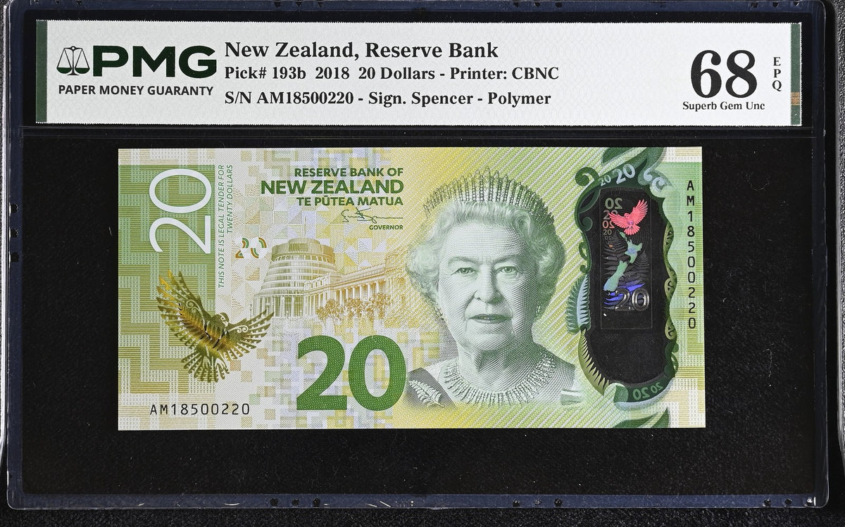 New Zealand 20 Dollars 2018 P 193 b Superb Gem UNC PMG 68 EPQ