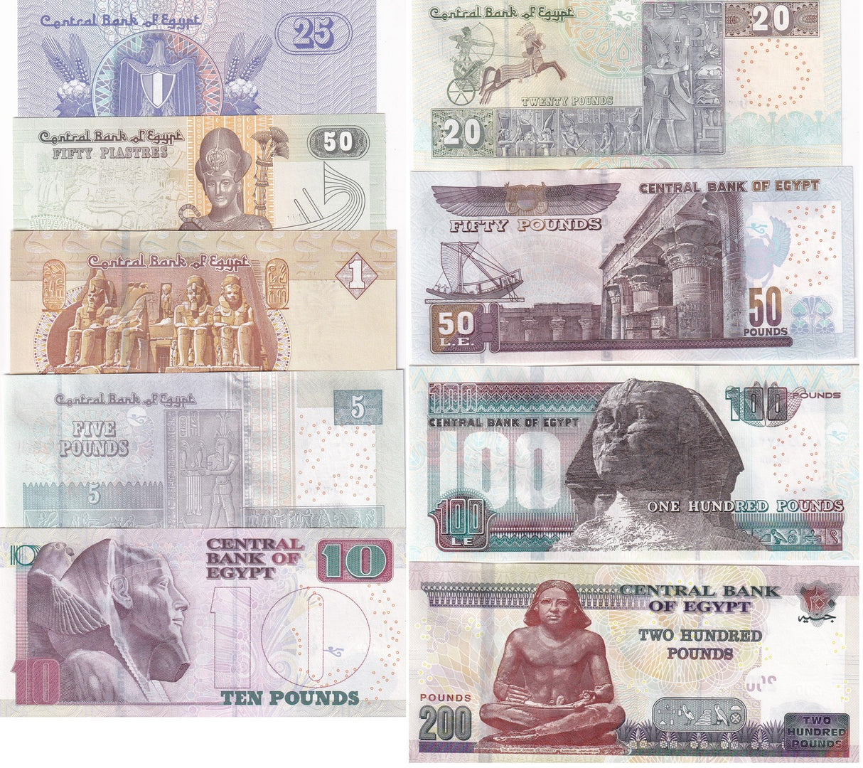 Egypt Set 9 Pcs 25 Piasters - 200 pounds Random Year New P 57 70 - 77 UNC