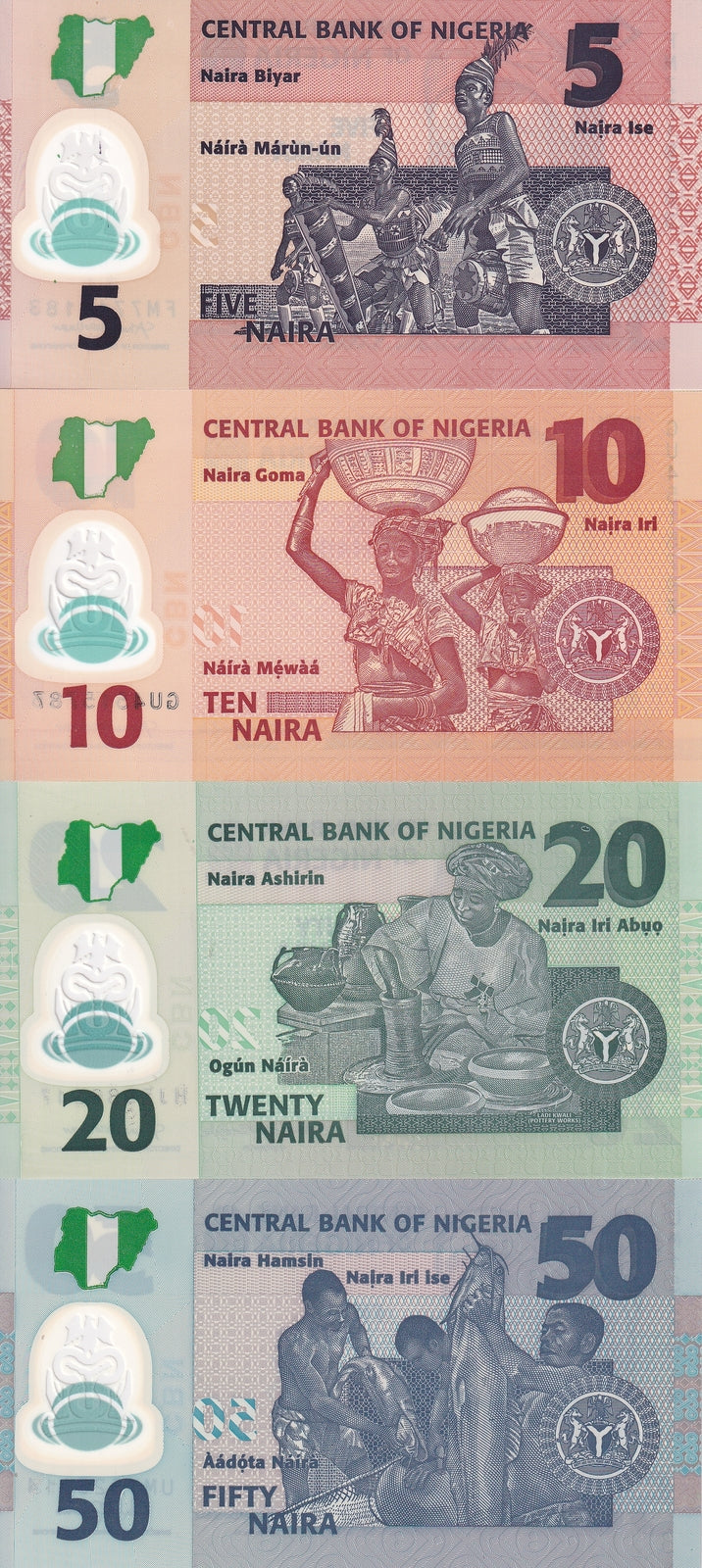 Nigeria Set 4 Pcs 5 10 20 50 Naira Random Year Polymer P 37 38 39 40 UNC