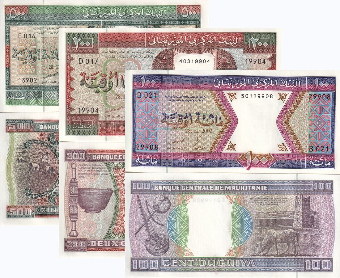 Mauritania SET 3 UNC 100 200 500 Ouguiya 2002 P 4 P 5 P 8