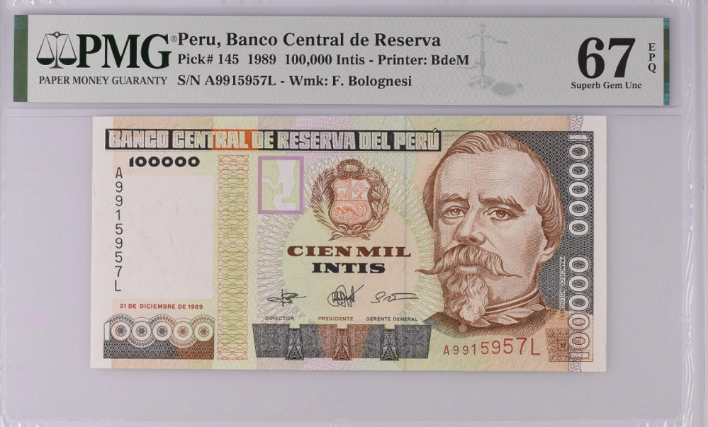 Peru 100000 Intis 1989 P 145 Superb Gem UNC PMG 67 EPQ