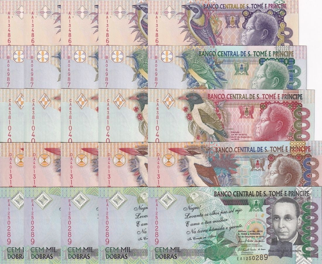 St.Thomas & Prince Set 5 x 5 = 25 UNC 5000-100000 Random Date P 65 66 67 68 69