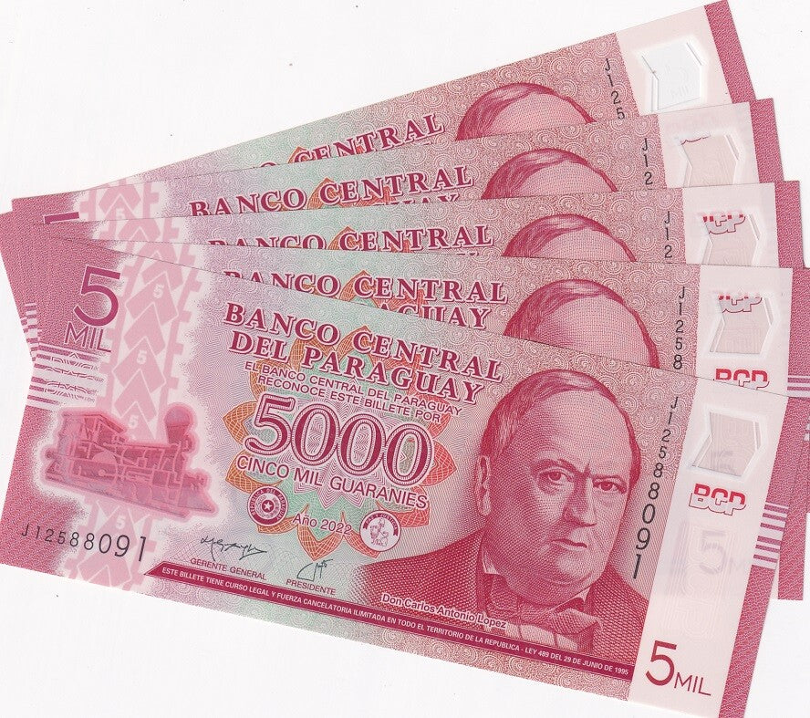 Paraguay 5000 Guaranies 2022 P 234 POLYMER De los López palace UNC LOT 5 PCS