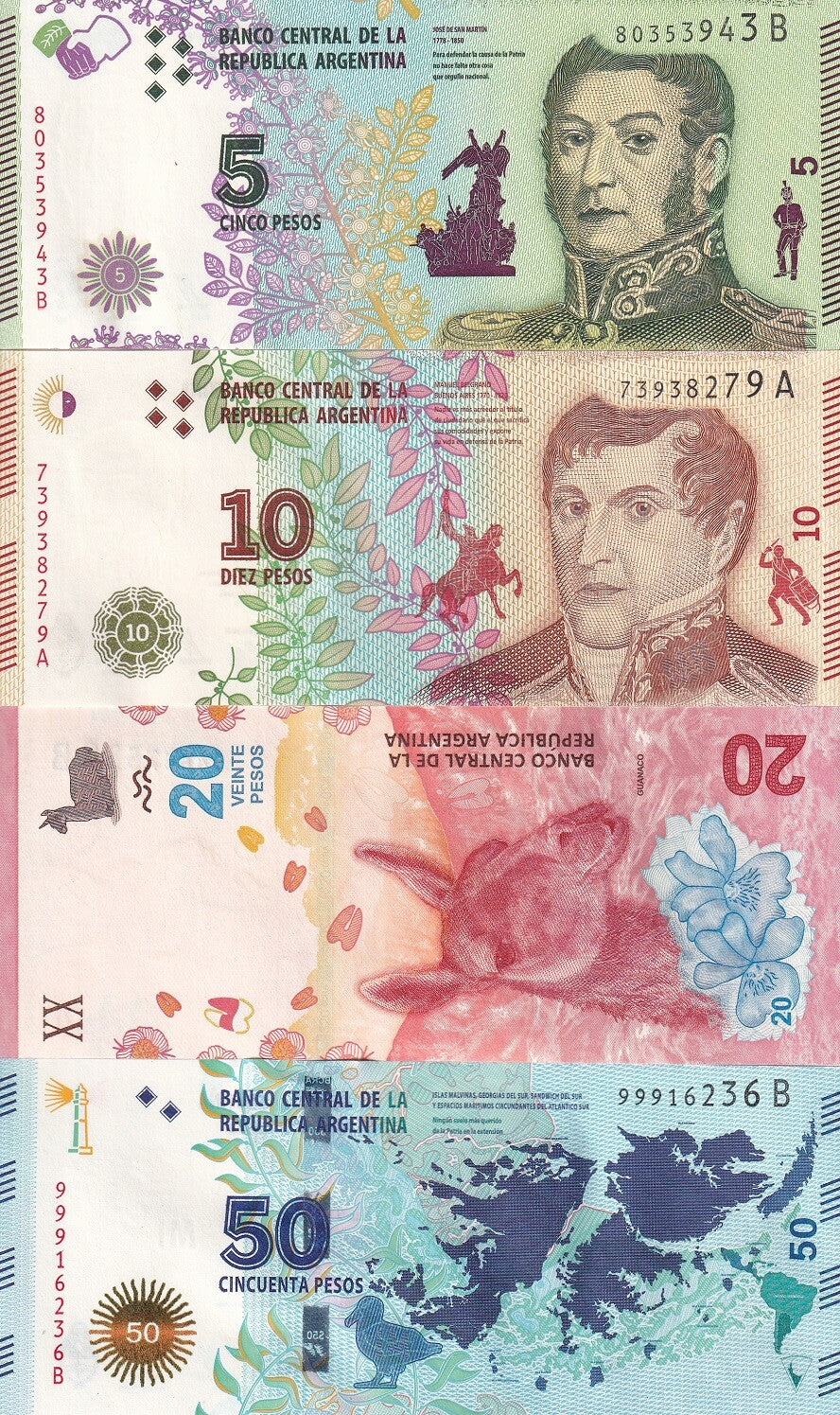Argentina Set 4 UNC 5 10 20 50 Pesos ND 2015-2017 P 359 P 360 P 361 P 362