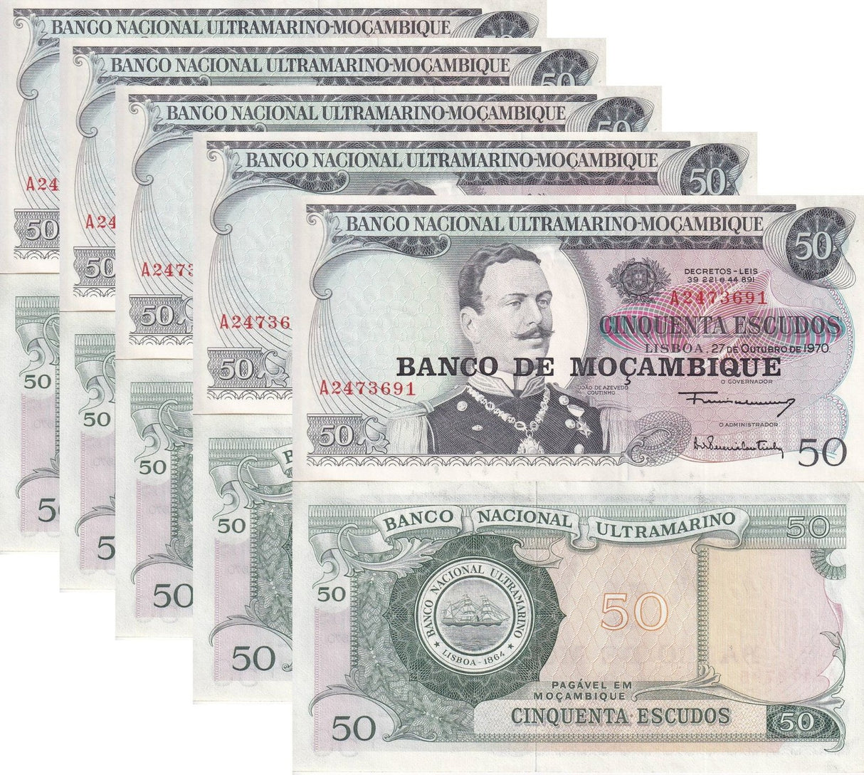 Mozambique 50 Escudos 1970 P 116 UNC LOT 5 PCS
