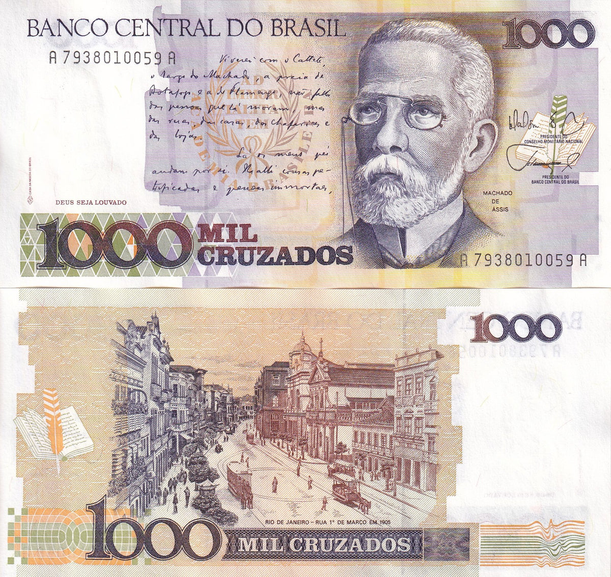Brazil 1000 Cruzados ND 1988 P 213 b UNC ,Joaquim Maria Machado de Assis
