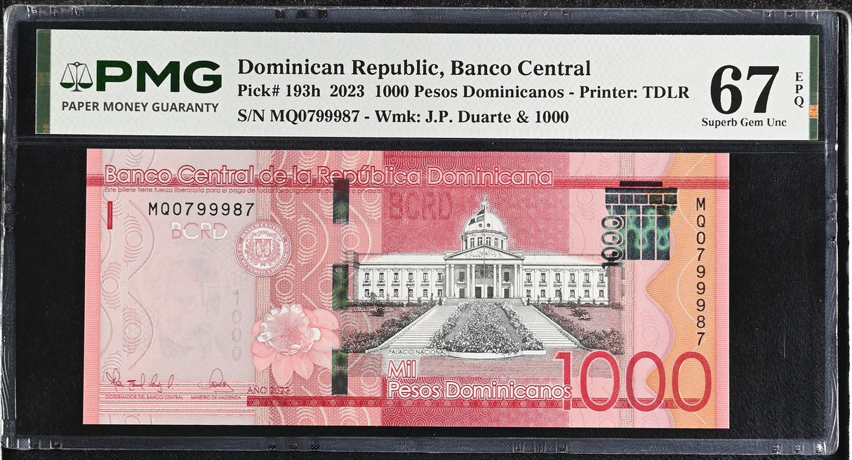 Dominican Republic 1000 Pesos 2023 P 193 h Superb Gem UNC PMG 67 EPQ