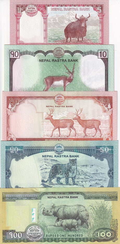 Nepal Set 5 Pcs 5 10 20 50 100 Rupees Random Date P 76 77 78 79 80 UNC