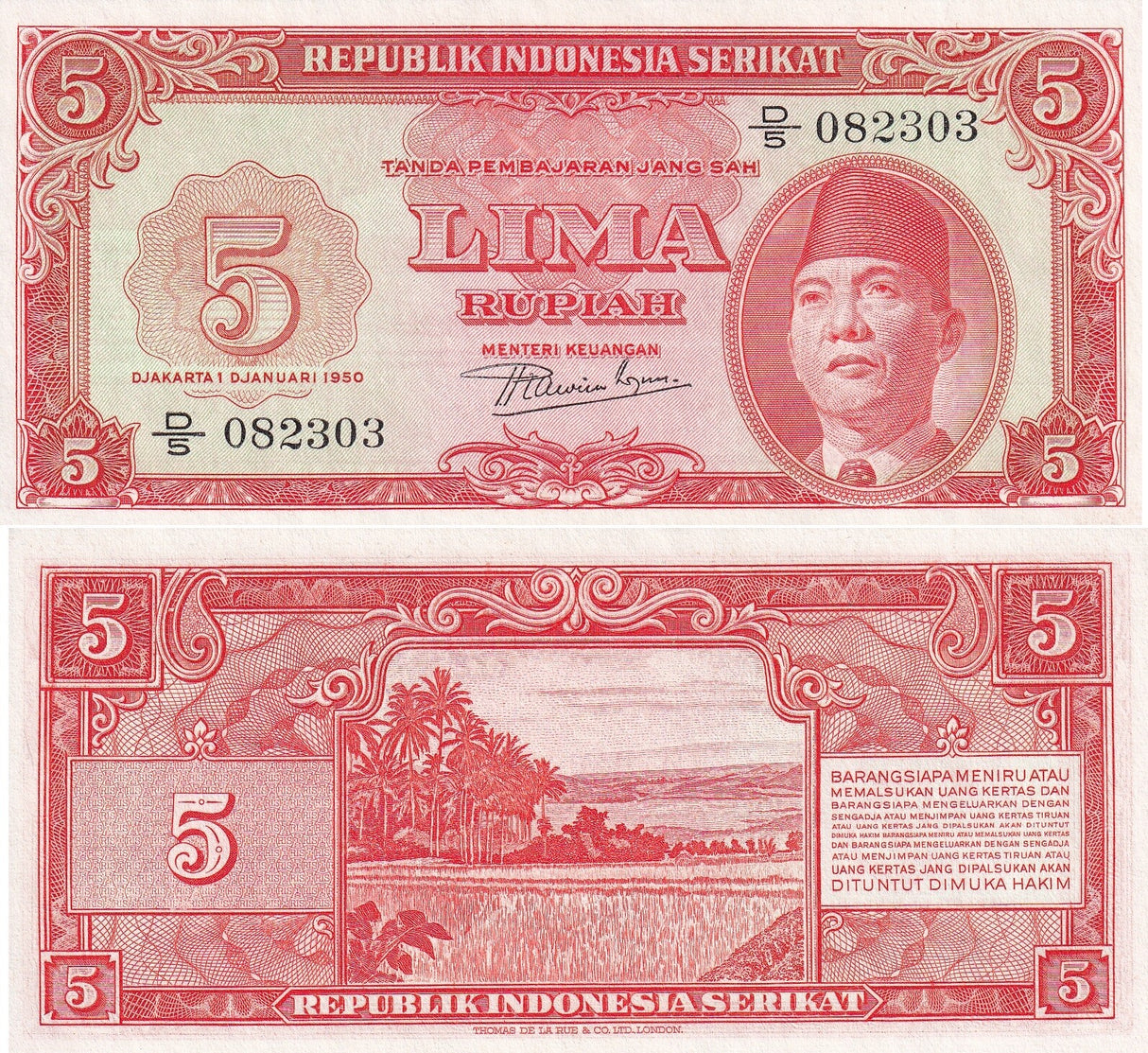 Indonesia 5 Rupiah 1950 P 36 AUnc Dr. Ir. (Achmed) Soekarno, Rice field TDLR