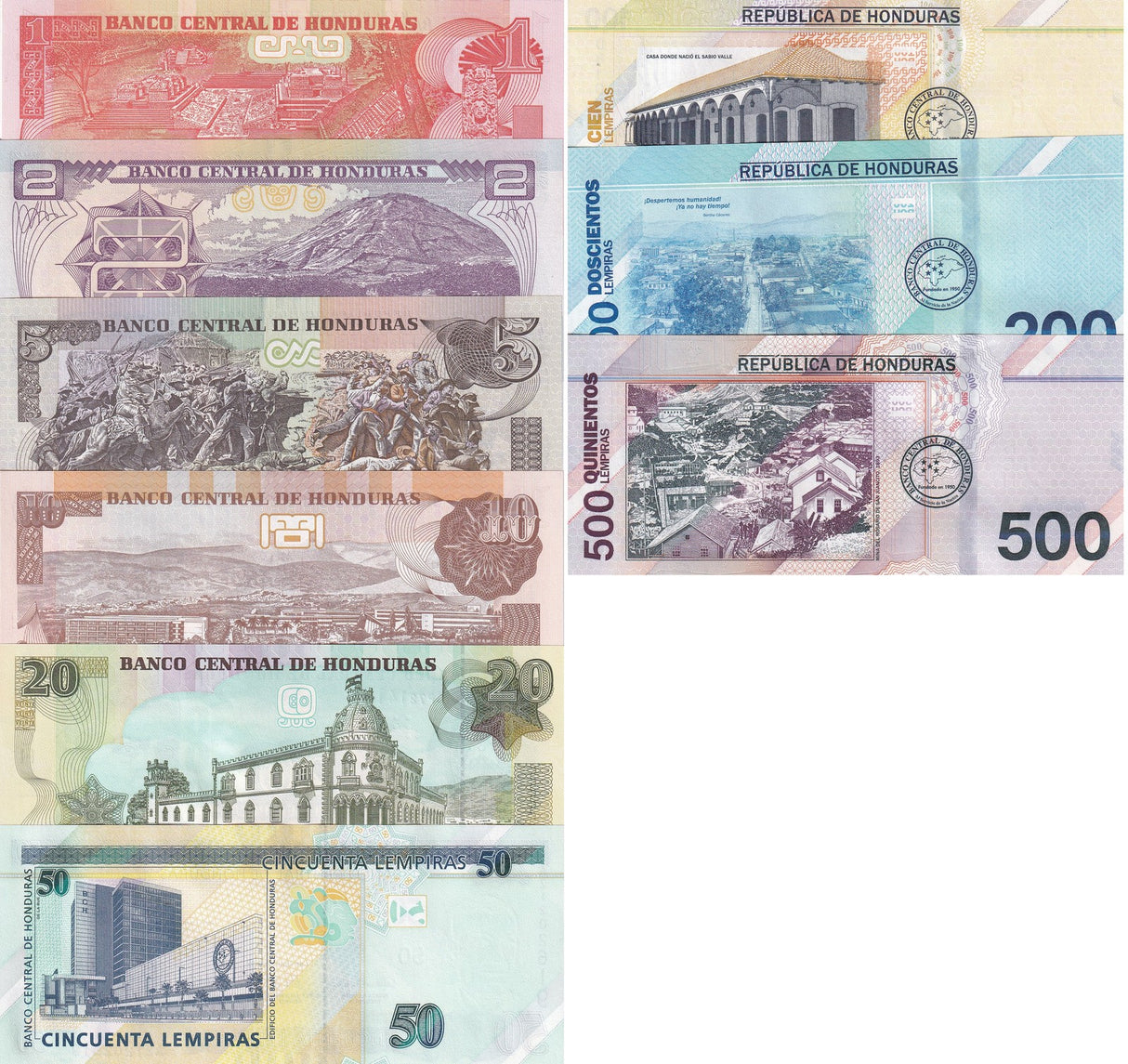 Honduras Set 9 UNC 1-200 500 Lempiras 2022-2024 P 96 97 98 99 100-114 P New