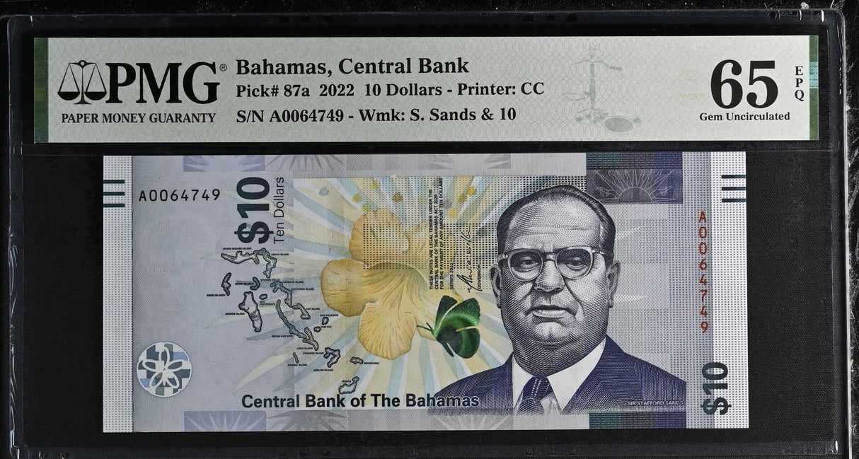 Bahamas 10 Dollars 2022 P 87 a Gem UNC PMG 65 EPQ