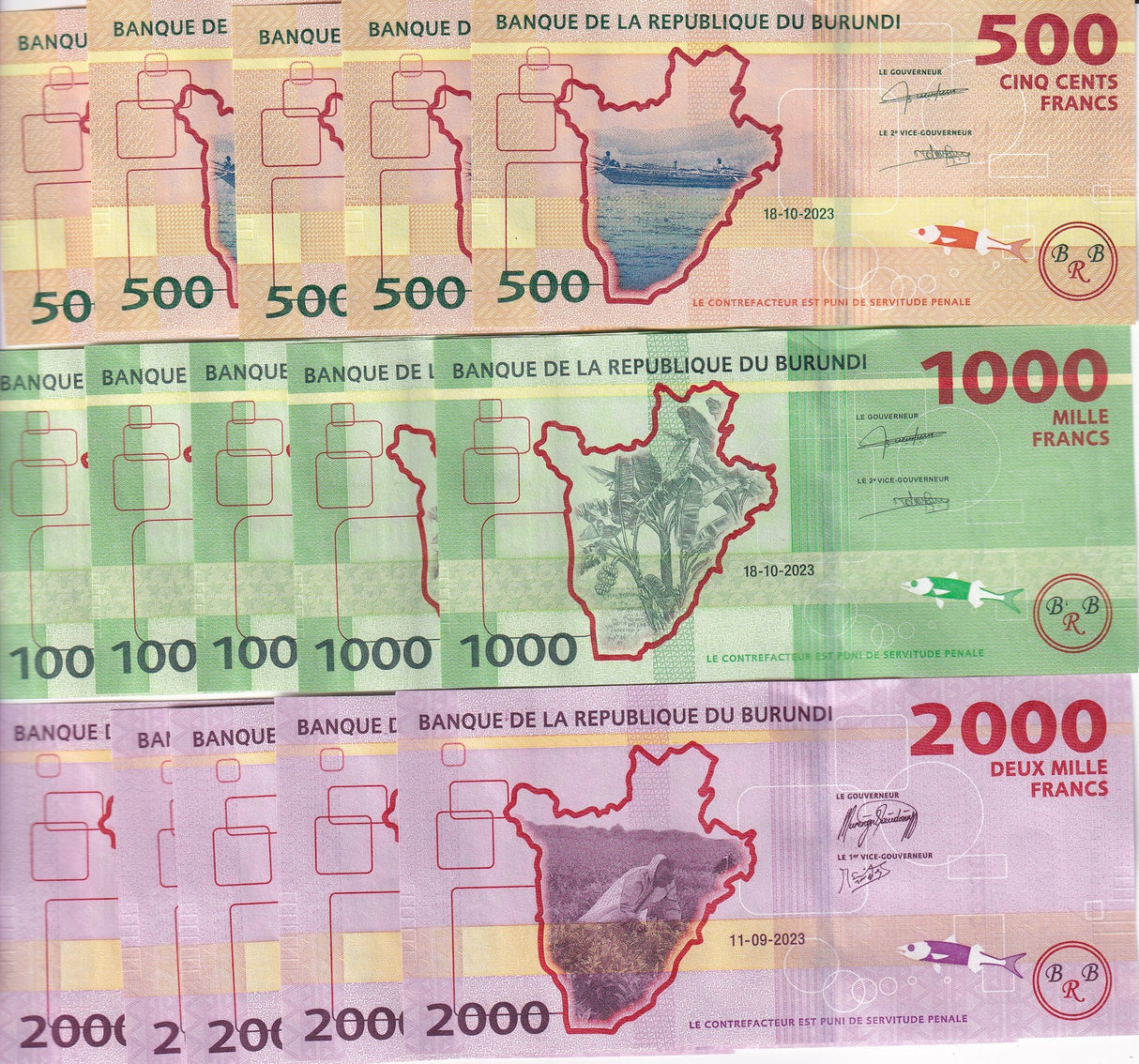 Burundi SET 3 x LOT 5 SETS= 15 UNC 500 1000 2000 Francs 2023 P 50 P 51 P 52
